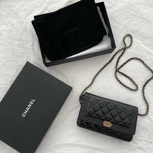 •SOLD to Fashionphile• CHANEL Patent Boy Wallet On Chain WOC Black